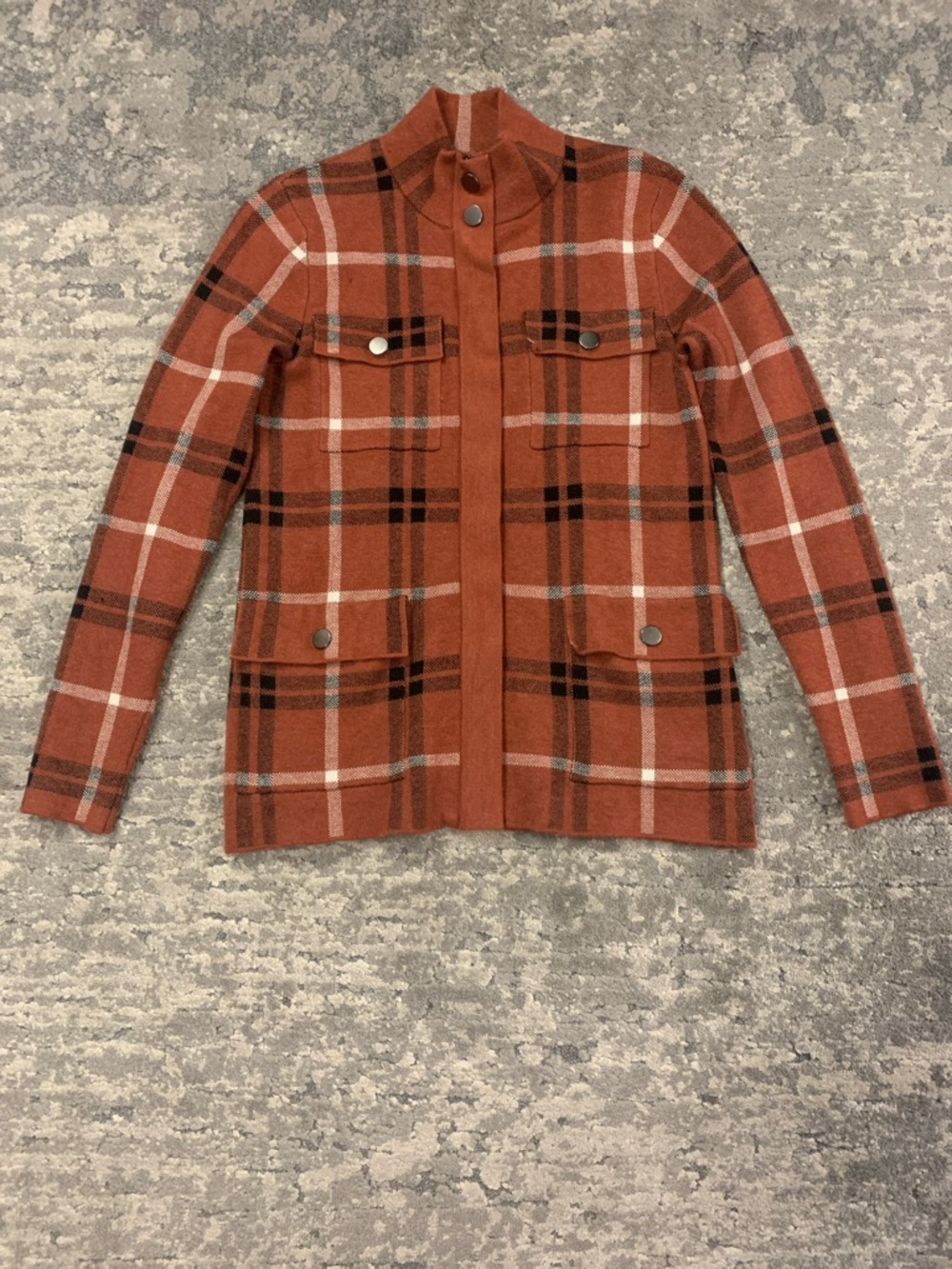 Orange Plaid Zippered Sweater Jacket